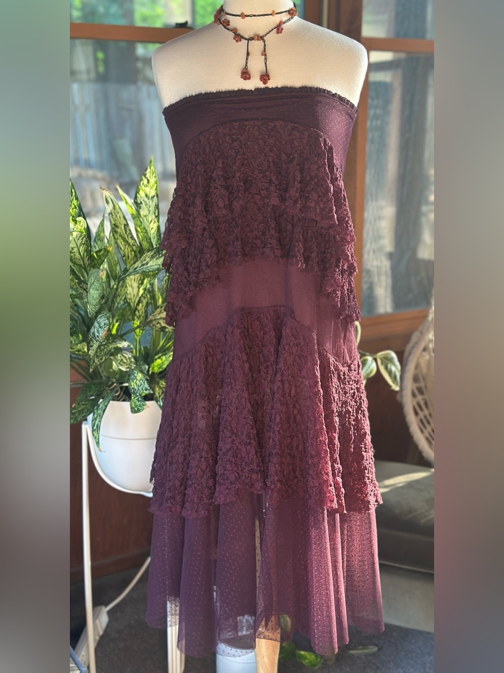 Free People Lace in Love Burgundy Lace Tiered Maxi Skirt - Picture 6 of 9
